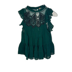 Free People "Party's Not Over Top" Emerald green, lace, ruffles, tank top